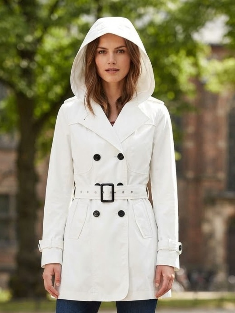 ESPRIT Hooded Double Breasted Trench Coat with Belt M 20” p2p White EUC